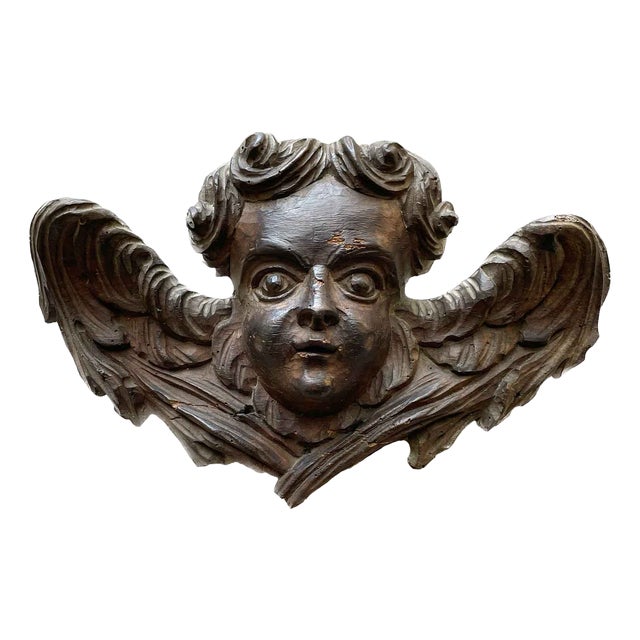 Winged Putto Angel Face in Carved Wood, 1700s For Sale