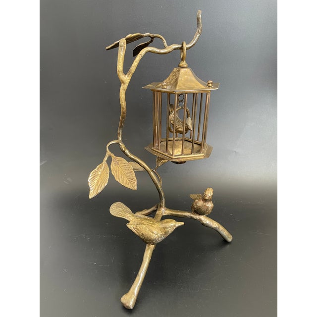 Metal Vintage Brass Tree Branch Sculptural Centerpiece With Birds and Birdcage For Sale - Image 7 of 18