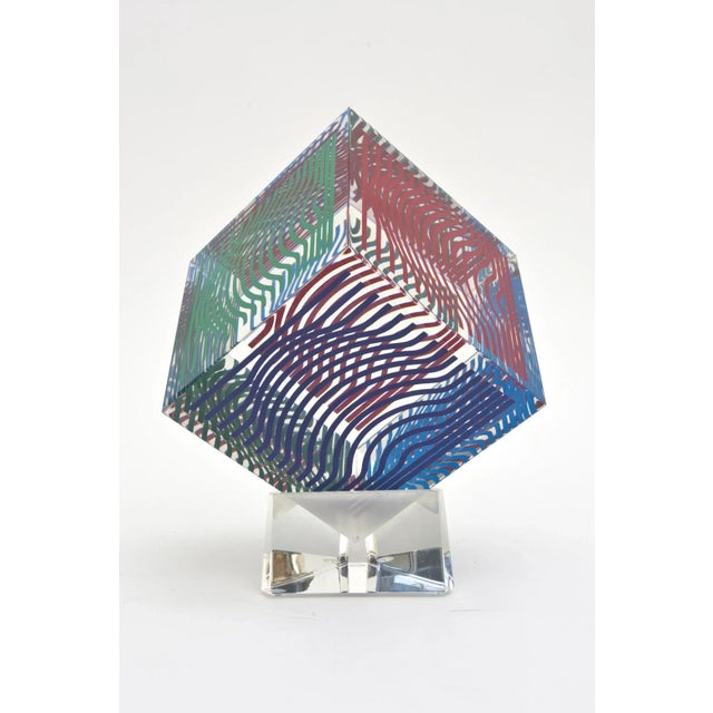 This Victor Vasarely fantastic vintage acrylic op art wave sculpture has 4 different sides of graphic design and color. It...