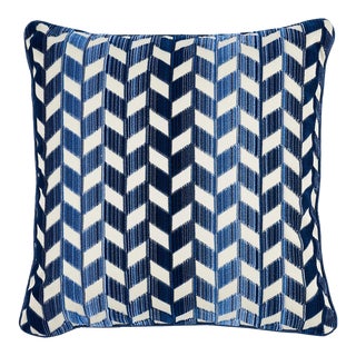 Schumacher Chevron Strie Velvet 18" Pillow in Lapis For Sale