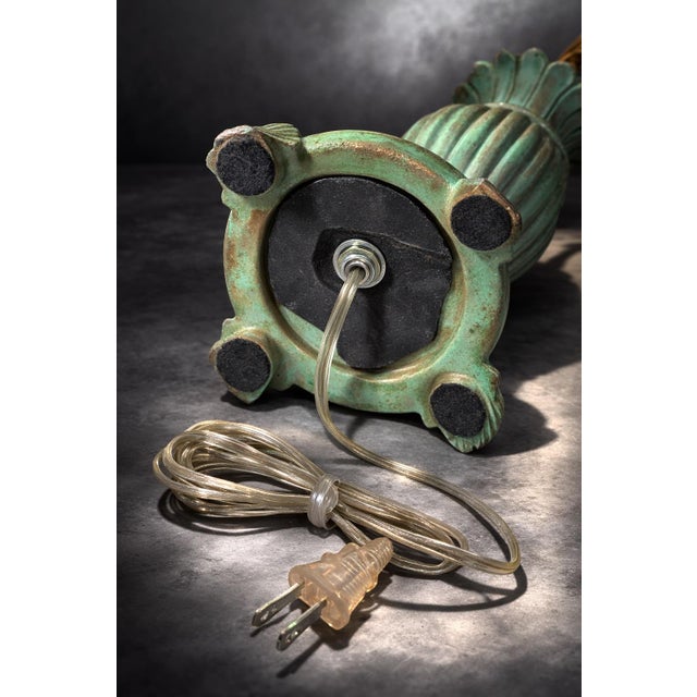 Textile Verdigris Patinated Urn Form Table Lamp With 16” Linen Drum Shade For Sale - Image 7 of 8