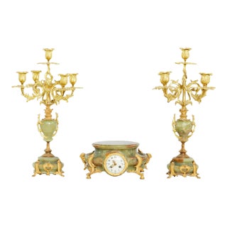 19th Century Onyx / Gilt Three Piece Clock Garniture - 3 Piece Set For Sale