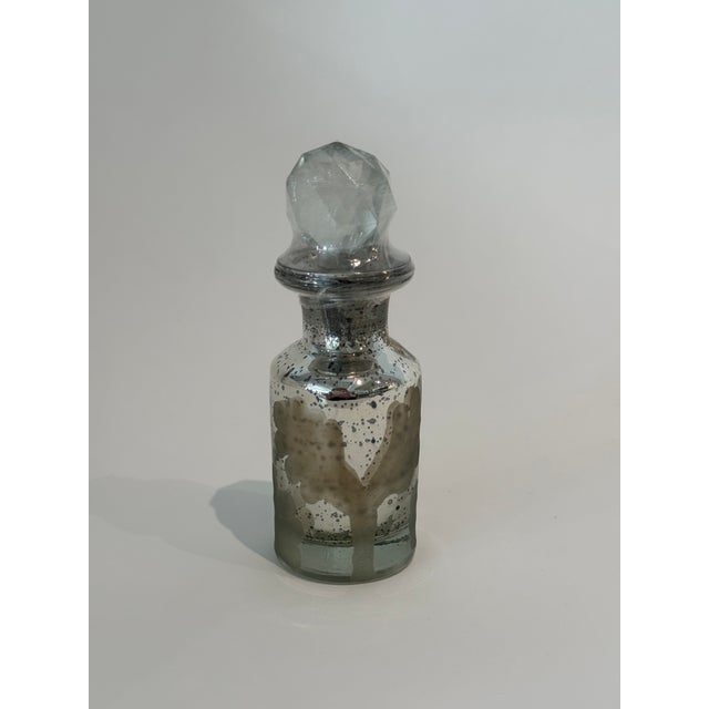 Contemporary Set of Three Contemporary Mercury Glass Apothecary Bottles With Faceted Stoppers For Sale - Image 3 of 4