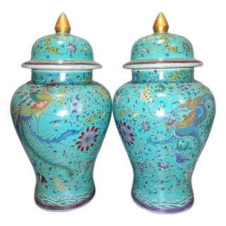 Pair of Chinese Enameled Porcelain Dragon & Phoenix General Jars With Lids - 15" Tall For Sale