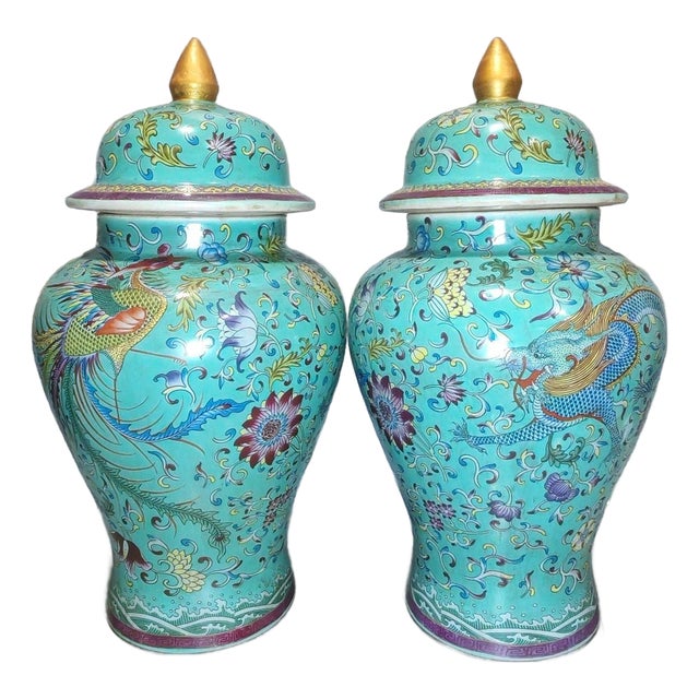 Pair of Chinese Enameled Porcelain Dragon & Phoenix General Jars With Lids - 15" Tall For Sale