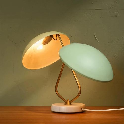 Table Lamp with 2 Shades in Pastel Yellow and Green with Brass Details by Bruno Gatta for Stilnovo, Italy, 1950s For Sale - Image 4 of 11