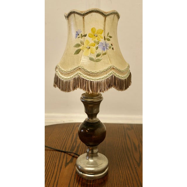 Metal Pewter and Turned Wooden Table Lamp with Hand Painted Shade, 1930s For Sale - Image 7 of 7