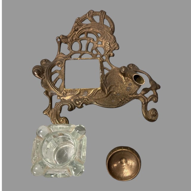 Early 20th Century Vintage Antique Victorian Art Nouveau Style Gilt Metal Inkwell Stand For Sale - Image 5 of 7