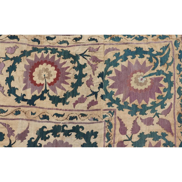 Antique Uzbekistan Suzani Textile With Medallion and Floral Vine Embroidery For Sale - Image 9 of 17