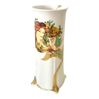 Gilt Art Deco Small Porcelain Vase With Limited Edition Woman’s Design by Miklós Faragó and Hollóháza Porcelain Company For Sale