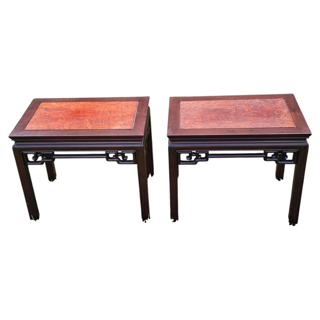 Chinese Padauk and Burl Panel Side Tables, Pair, Labeled j.l. George & Co., Hong Kong For Sale - Image 14 of 14
