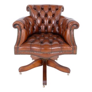 Chesterfield Desk Chair with Deep Button Leather Swivel Seat, 1920s For Sale