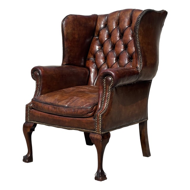Antique Wing Chair in Brown Leather, 1890 For Sale