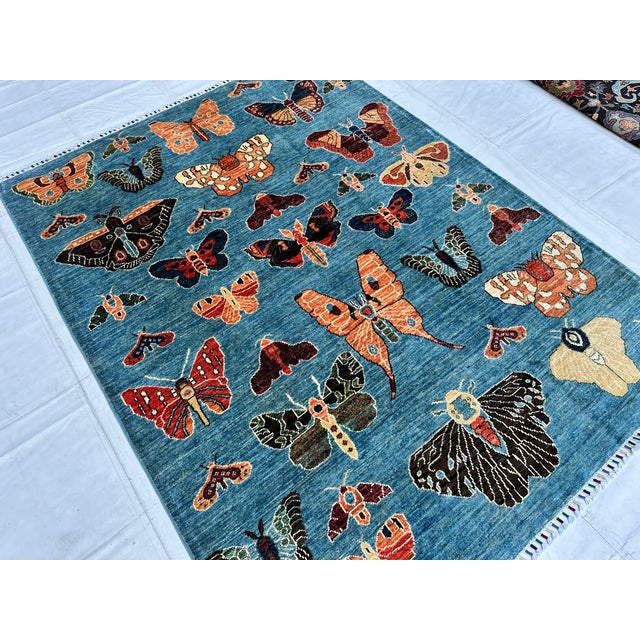 Modern Denim Blue Butterfly Moth Pictorial Hand-Knotted Wool Rug - 4'11" X 6'6" For Sale - Image 3 of 10