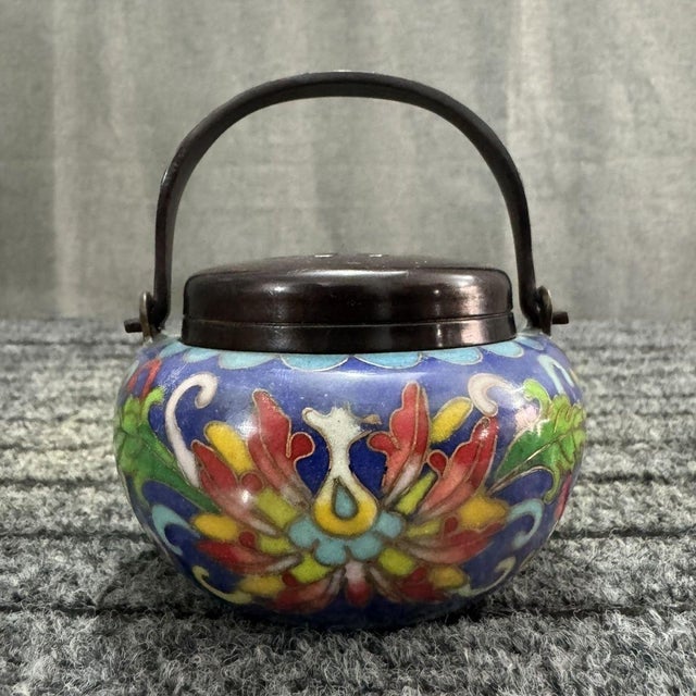 Late 20th Century Late 20th Century Cloisonné Enamel Hand Warmer, Floral Phoenix Chinoiserie Lidded Vessel With Handle For Sale - Image 5 of 7