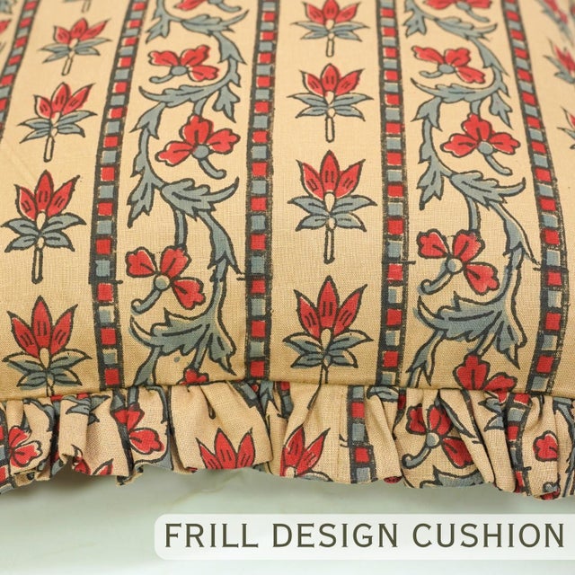 Floral Block Print Frill Cushion Cover Handmade Artisan Boho Throw Pillow 24x24 Inch Mhalaxmi For Sale - Image 4 of 6