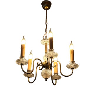 Vintage Five-Arm Chandelier in Brass and Glass For Sale