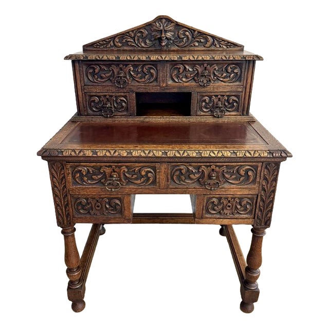 Antique Victorian Carved Oak Writing Desk, 1880s For Sale