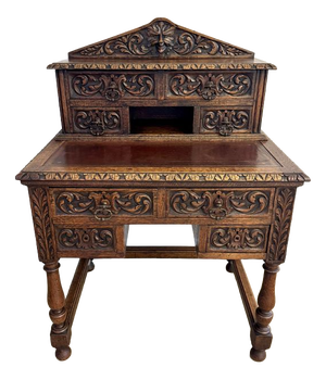 Antique Victorian Carved Oak Writing Desk, 1880s