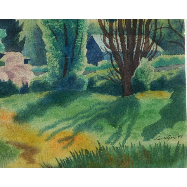Mid-Century Modern Dillon Lauritzen 1946 Calif. Regionalist Watercolor For Sale - Image 3 of 3