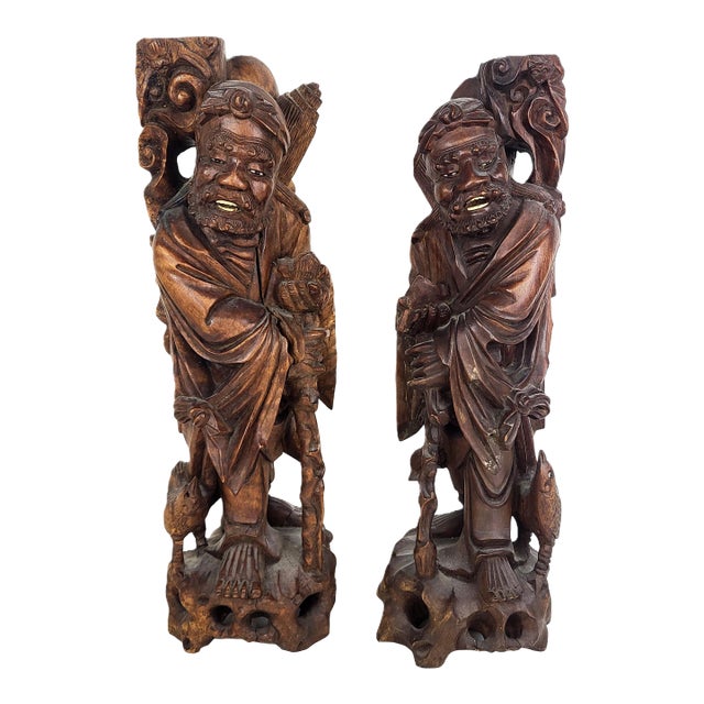 Pair of Large Antique Chinese Li Tieguai Carved Wood Figures W. Glass Eyes For Sale