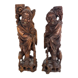 Pair of Large Antique Chinese Li Tieguai Carved Wood Figures W. Glass Eyes