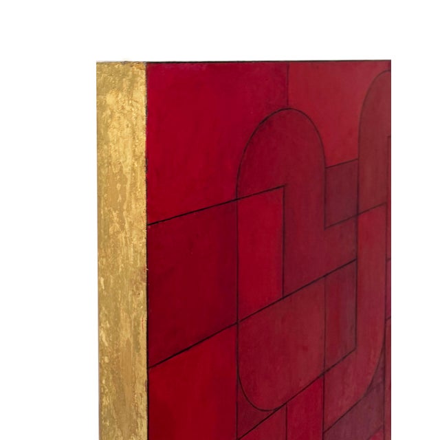 2020s Contemporary Geometric Abstract Square Oil Painting Monochromatic–Red Gold Leaf Edges by Stephen Cimini For Sale - Image 5 of 7