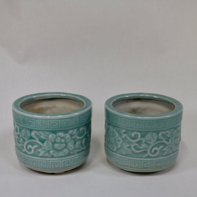 Late 20th Century Celadon Small Planter/Brush/Incense Pot-a Pair For Sale - Image 4 of 11