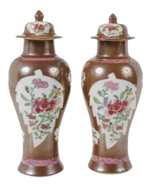 18th Century Chinese Export Porcelain Vases & Lids with Famille Rose Tobacco Leaf - A Pair