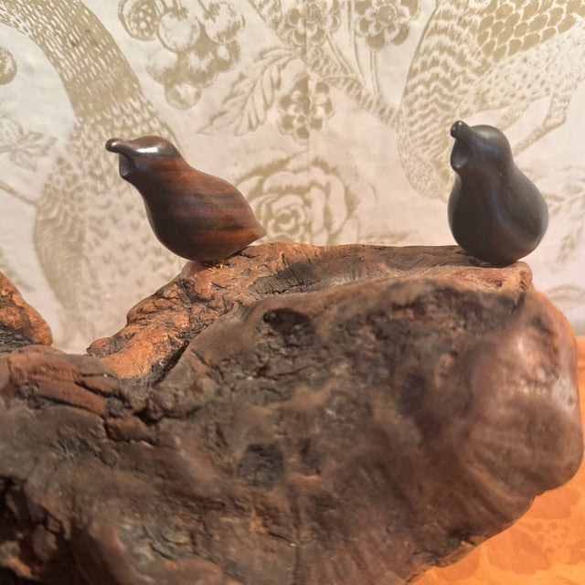 Mid-Century Modern Vintage 7 Wooden Birds on Carved Burl Wood Sculpture For Sale - Image 3 of 12