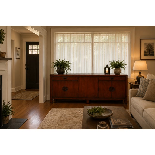 Elegant wood sideboard has a dark brown finish. This Gina B. Furniture piece features Asian-inspired circular metal...