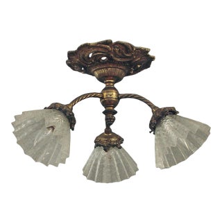1910 French Gilt-Finish Solid Brass 3-Light Flush Mount Ceiling Fixture For Sale