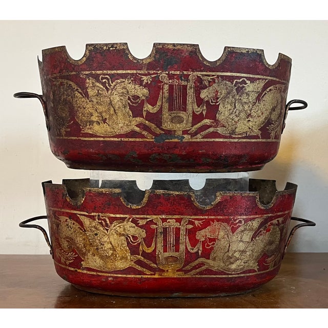 Antique 19th Century French Empire Tole Monteiths or Cachepot Jardinieres With Neoclassical Winged Horses or Pegasus & Lyres Circa 1820 - A Pair For Sale - Image 12 of 14