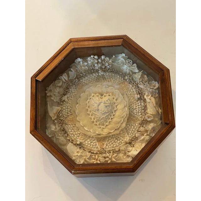 Exquisite Antque American folk art White Heart Sea Shells Sailors Valentines in octagonal frame.