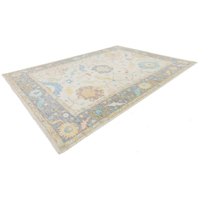 Contemporary Pastel Oushak Style Hand-Knotted Wool Rug – Soft Neutral & Blue For Sale - Image 12 of 12
