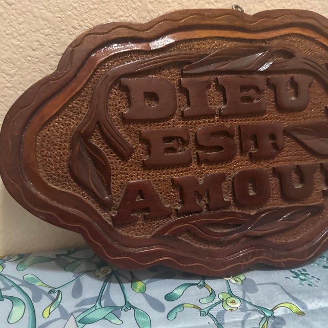 Religious 1960s Style Carved Wood Religious Sign - God Is Love (French) - Wall Hanging Decor For Sale - Image 3 of 5