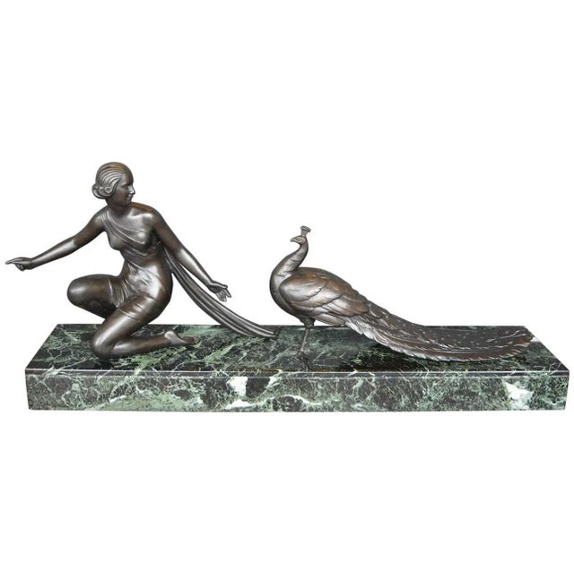 Metal Alexandre Ouline Sculpture of a Woman With a Peacock For Sale - Image 7 of 7