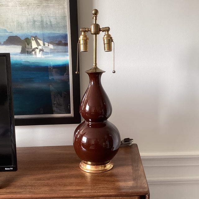 Wood Christopher Spitzmiller Espresso Glaze Double Gourd Ceramic Table Lamp For Sale - Image 7 of 7