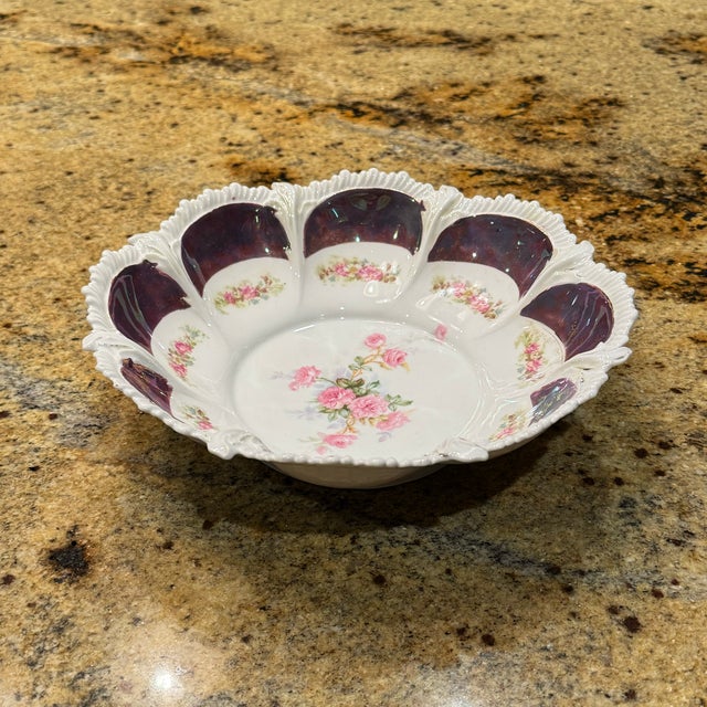Antique Rs Prussia Porcelain Bowl Iridescent Luster Pink Roses Scalloped Edge For Sale - Image 4 of 7