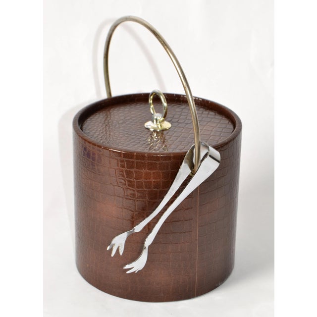 Mid-Century Modern 1960s Brown Faux Alligator Texture Leather Insulated Ice Bucket Steel Tongs For Sale - Image 3 of 13