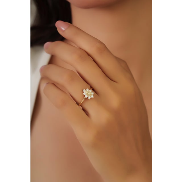 14k Gold Victorian Inspired Fancy Yellow Diamond Flower Cluster Ring Size 4 For Sale - Image 12 of 17