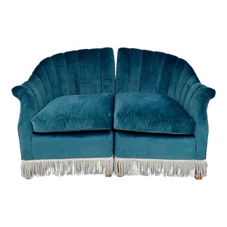 Art Deco 2-Piece Velvet Channel Back Settee Loveseat For Sale