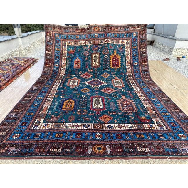 Vintage Teal Wool Kazak-Style Tribal Rug 9 X 13 For Sale - Image 17 of 17