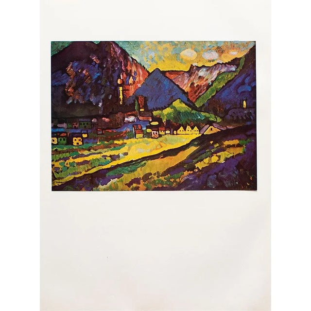 An excellent vintage First Edition full-color print of painting "Bavarian Mountains With Village" (1909) by Wassily...