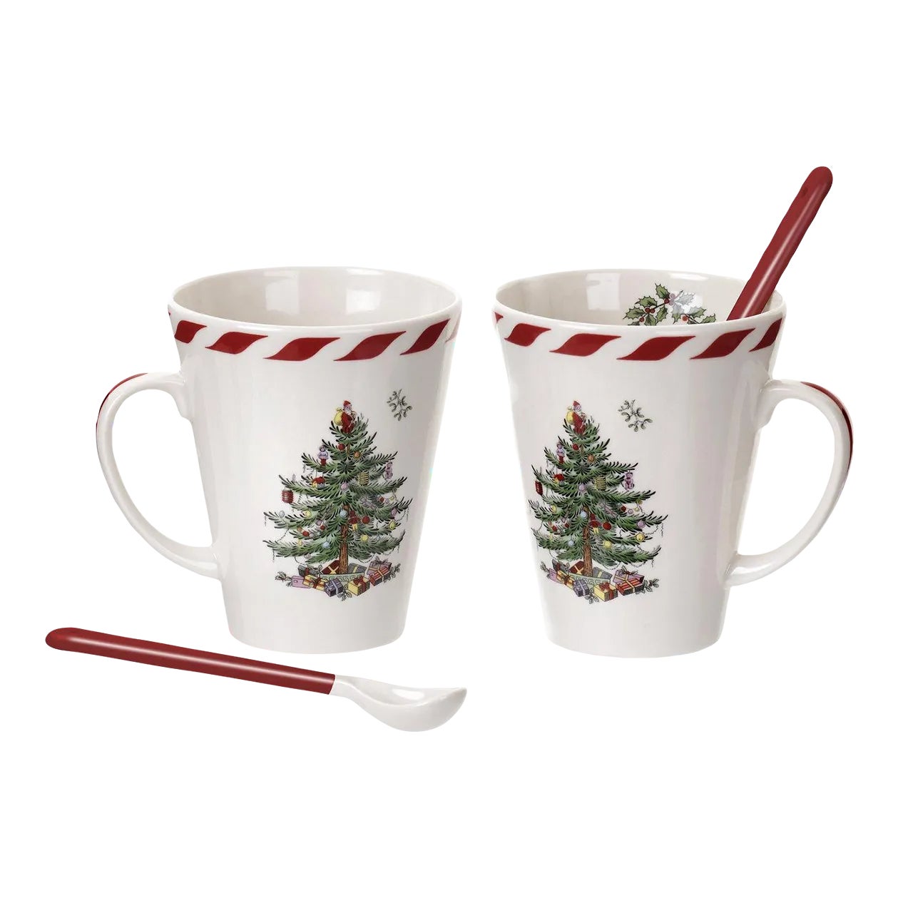 Spode Christmas Tree Peppermint Mugs with Spoons, Set of 2 | Chairish