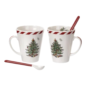 Spode Christmas Tree Peppermint Mugs with Spoons, Set of 2