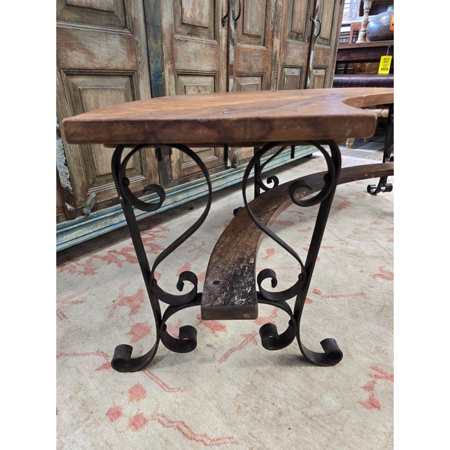 Indian Solid Reclaimed Wood and Iron Crescent Bench For Sale - Image 3 of 7