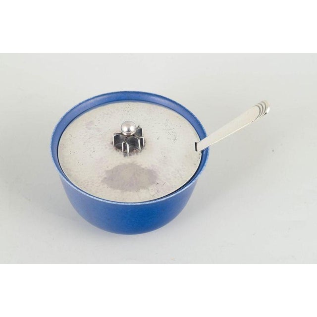 Saxbo Art Deco jam jar, Hans Hansen Sterling Silver lid, 1934. Elegant jam jar in classic Saxbo stoneware with a deep blue...