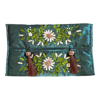 Vintage Ribbon Embroidered Satin Tissue Box Cover For Sale