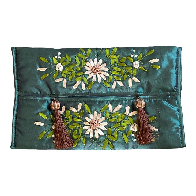Vintage Ribbon Embroidered Satin Tissue Box Cover For Sale
